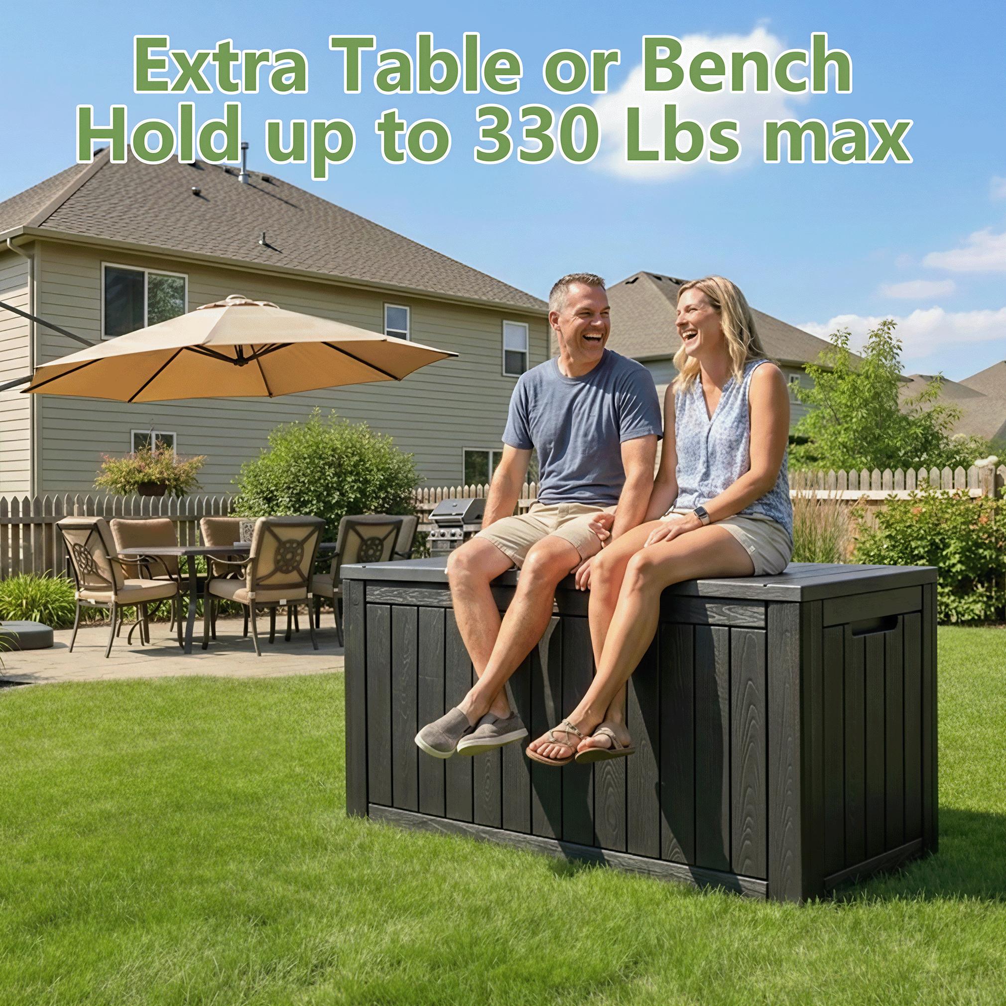 100 Gallon Resin Deck Box – Waterproof, Weather Resistant & Lockable – Imitation Wood Finish, UV-Resistant – Indoor/Outdoor Storage for Patio Cushions, Garden Tools, Pool Accessories – Storage Bench for Backyard & Deck