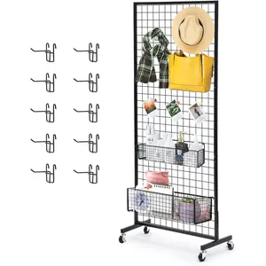 1 Pack 2.5'x 6' Pieces Grid Wall Panels Stand with T-Base, Black Wire Grid Wall Rack with Wheels, Craft Display Rack, Retail Display, Art Display, More 10 Pieces