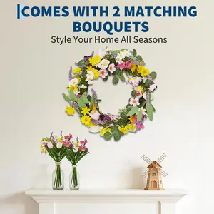 【GARVEE】18-24in Artificial Easter Wreath – Tulip & Lavender Floral Wreath with Eggs & Lush Greenery, Real Rattan Base, 2 Matching Bouquets for Front Door & Home Decor
