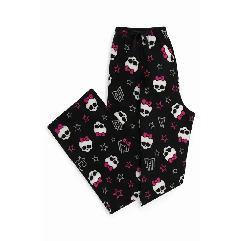 Gothic Skull Bow Pajama Pants for Women – Black & Pink Star Print Lounge Sleep Pants, Soft Wide Leg All-Season Pajama Bottoms