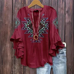 Retro Ethnic Print Ruffle Sleeve Top red cute flowy tops Bohemian Elegance Womenswear Western Geometric casual vintage top cute summer outfit for Teachers and MomsGift