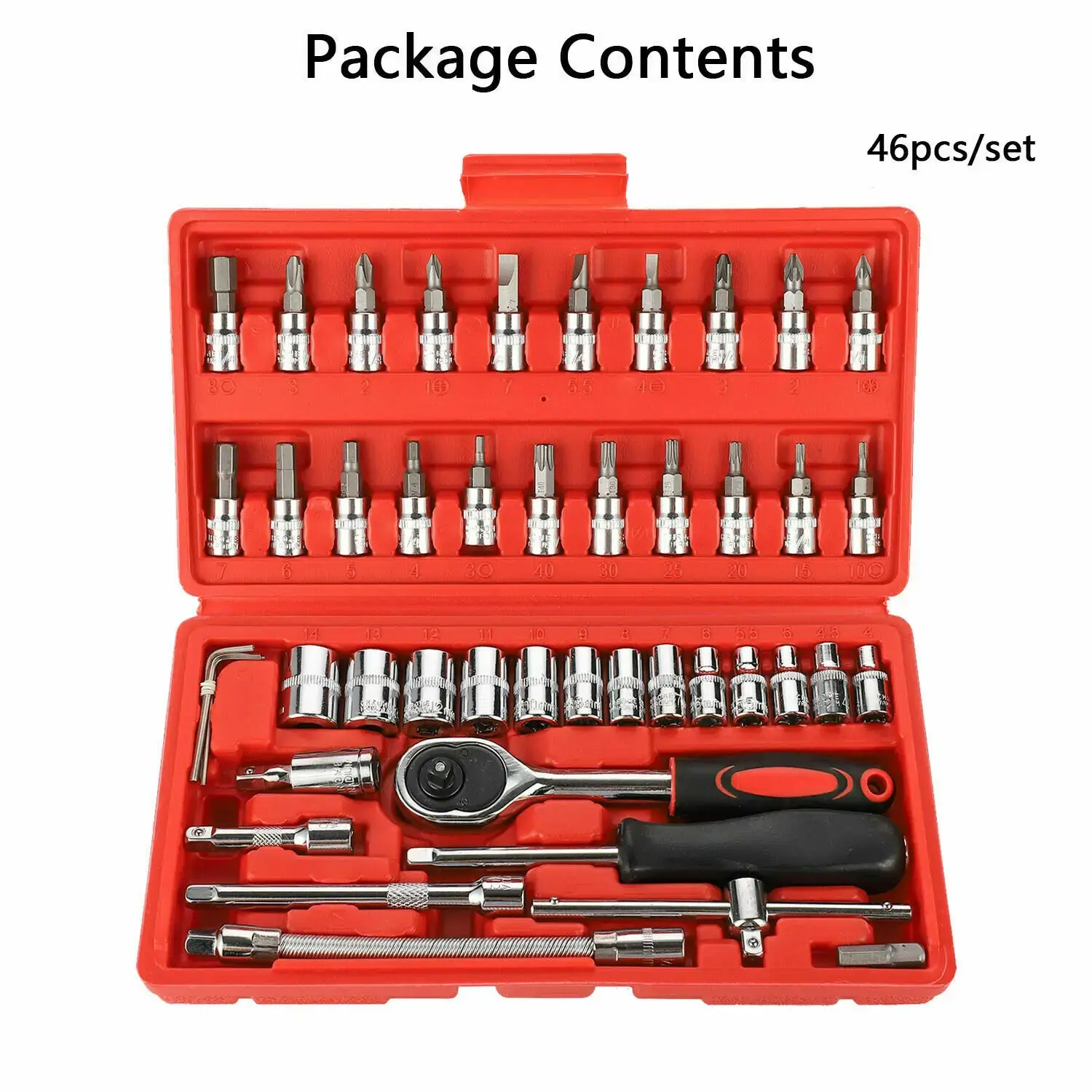 46Pcs Socket Wrench Tool Set, 1/4" Ratchet Combination Kit for Household & Car Repair