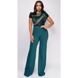 Jaqueta Hunter Green Sequin Mesh Short Sleeve Jumpsuit
