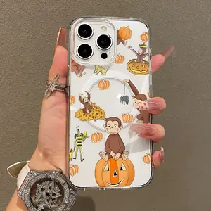 Soft Girl Magnetic Case for iPhone11/12/13/14/15/16/17/promax, Curious George Halloween Lightweight, Drop-Proof, MagSafe Compatible | Perfect for Teen Girls
