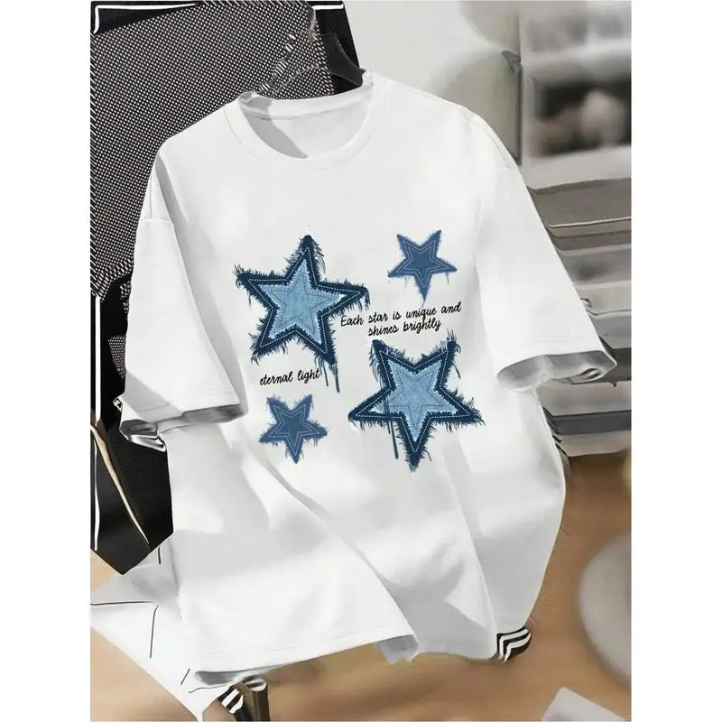 Men's XINGX Star Pattern Fashion Tee - 100% Cotton, Casual Crew Neck Short Sleeve T-Shirt with Blue Denim Print, Ideal for All Seasons, Allseason ApparelCreative Print ShirtCotton Tshirt trendy t-shirts