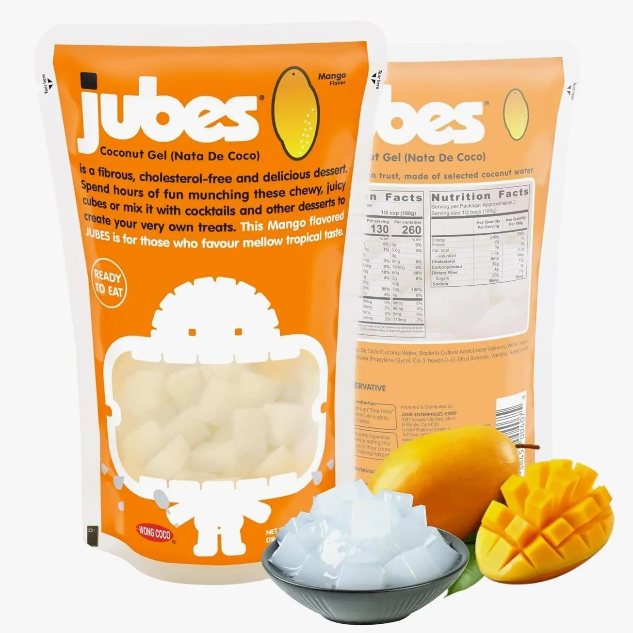 Jubes Mango Nata De Coco Jelly Cubes 12.7 oz - Mango Coconut Jelly Cubes for Sago - Coconut Gel in Syrup Toppings for Fruit Tea, Boba, Bubble Tea, Drinks, Desserts Yogurt, Ice Cream, Beverage