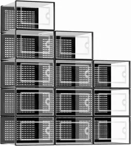 Kuject X-Large Shoe Storage Boxes Organizers Clear Plastic Stackable 12 Pack, Shoe Rack & Holder Substitute, Sneaker Containers, Toy Storage Organizer Bins for Entryway, Closet, under Bed, Black