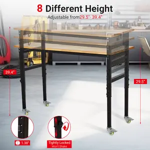 Mobile Tool Workbench Cart with Pegboard & Hooks, Heavy-Duty Steel Frame Rubber Wood Top Rolling Storage Cart for Garage Workshop