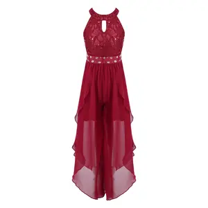 Kids Girls Sleeveless Lace and Chiffon Glittering Beaded Jumpsuit for Party Summer Clothing Set Summer Outfits Set
