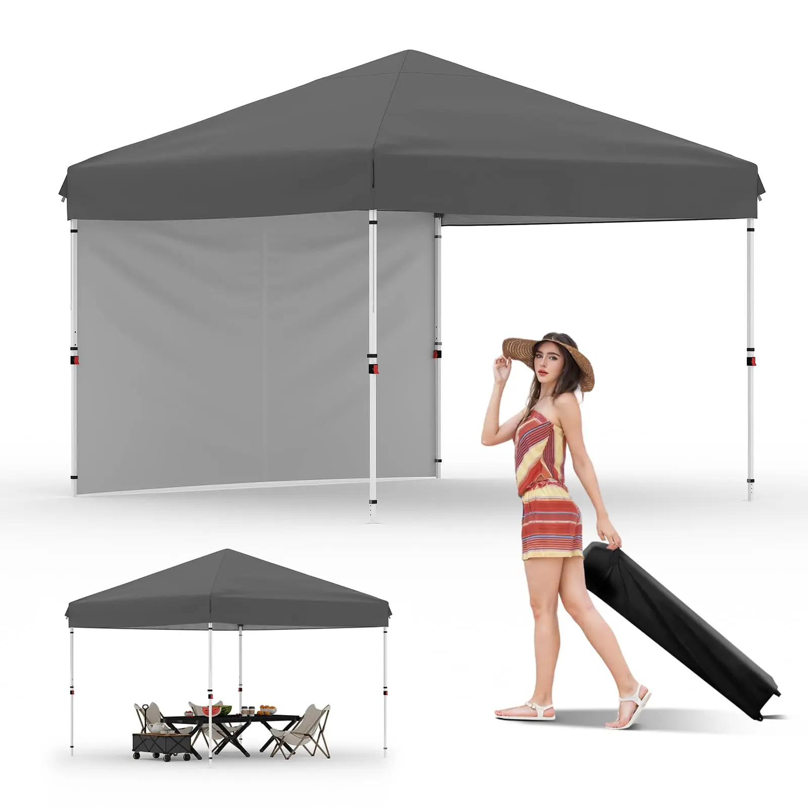 Gray 10x10 Pop Up Canopy Tent with 1 Removable Sidewall, Heavy Duty Commercial Instant Shelter with One-Person Setup, UPF 50+ Waterproof, 100 Sq Ft Shade for Outdoor Events, Camping, Farmers Market