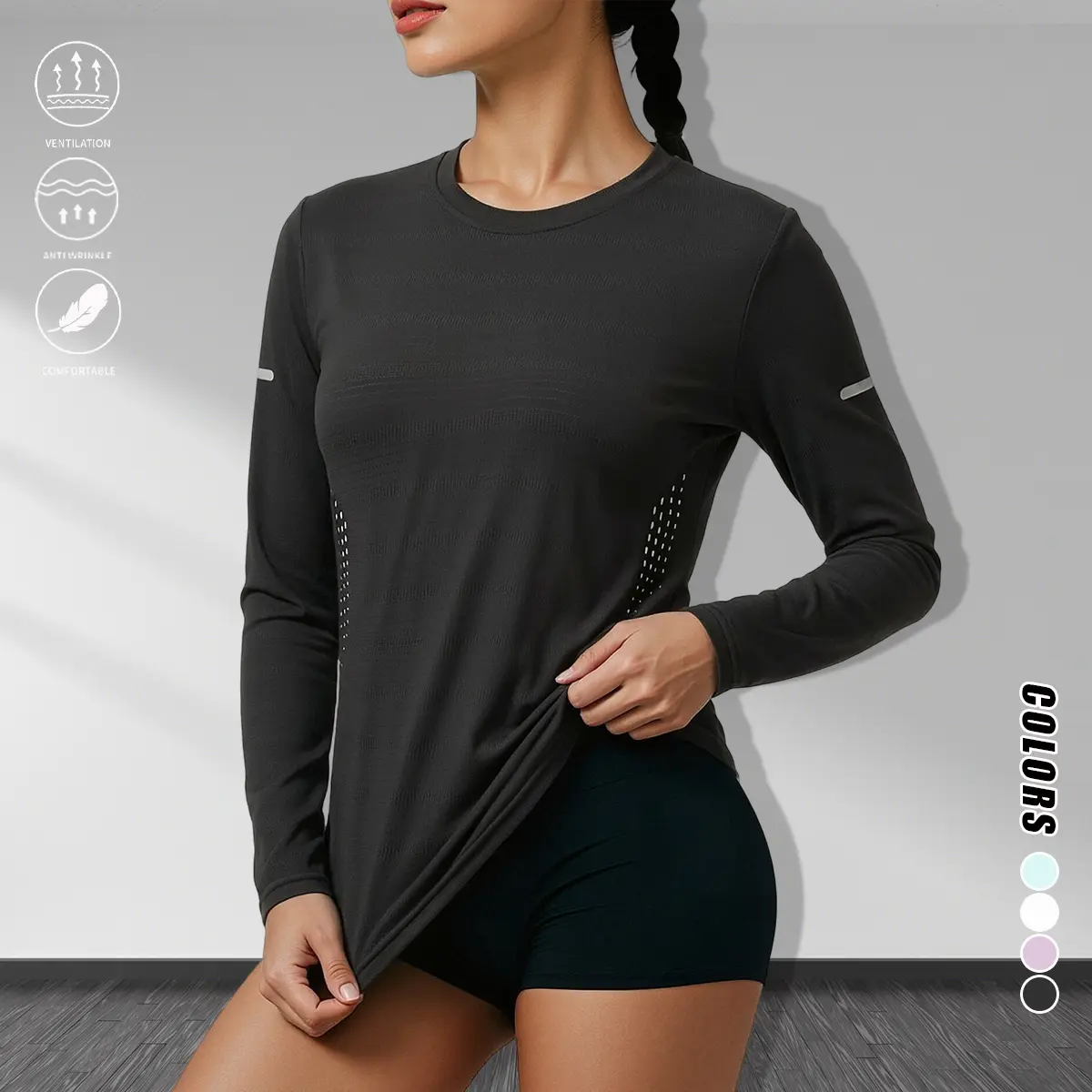 Women’s quick-dry mesh breathable long-sleeve stretchy outdoor T-shirt, suitable for all seasons, ideal for sports, running, and workouts; women’s top