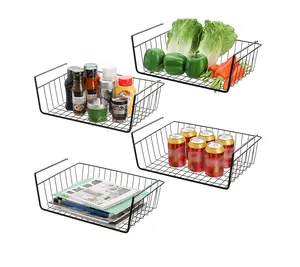 2 Pack Black Under Shelf Wire Basket, Hanging Storage Baskets Under Cabinet Add-on Storage Racks, Slide-in Baskets Organizer for Kitchen Pantry Desk Bookshelf