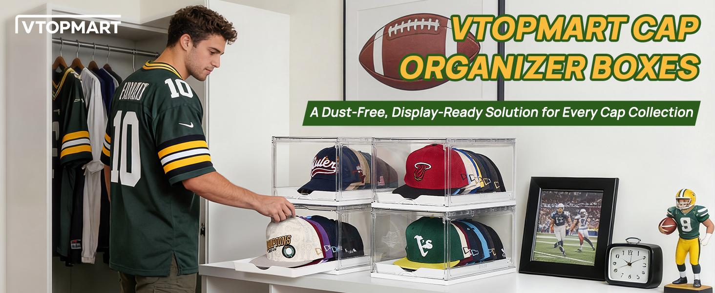 Vtopmart 2-4 Pack Hat Organizer for Baseball Caps, Clear Hats Holder Box with Drawer, Large Cap Storage with Sliding Tray, Stackable Rack Display Case with Magnetic Door, Each Holds 12 Hats