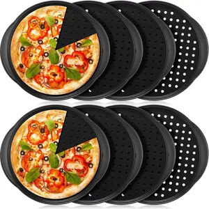8 Pcs Pizza Pans with Holes and Handle 12 Inch Non Stick Pizza Crisper Tray for Oven Round Carbon Steel Perforated Baking Accessories for Home Restaurant Kitchen Supplies