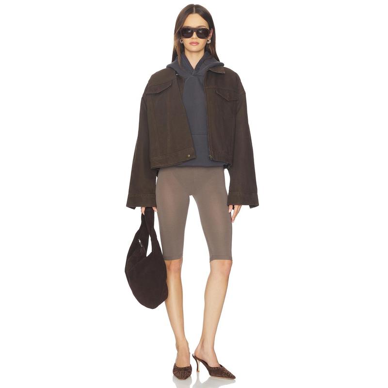 MARRKNULL Dislocated Wrap Around Denim Jacket in Brown