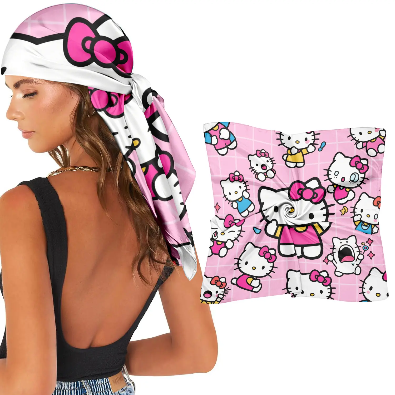 Sanrio Hello Kitty Polyester Headscarf - Viral TikTok Kawaii Cartoon Print, Soft Fashion Hair Wrap Accessory for Women