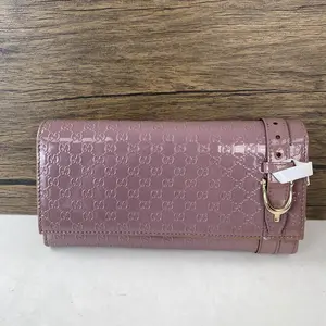 Pre-owned GUCCI Patent leather with gold-tone metal hardware Small Leather Goods light purple patent leather long wallet with GG embossing and horsebit detail.+little chain++