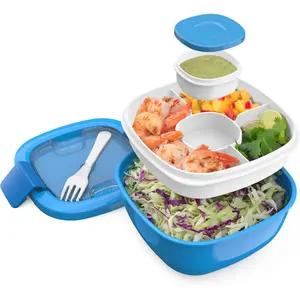 Salad Container - 54 oz Bowl with 4-Compartment Toppings Tray, Leak-Proof Dressing Container, Reusable Fork, BPA-Free Lunch Box for Meal Prep & Food Storage; Removable Bento Tray (Blue)