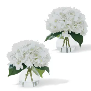 Set of 2 Real Touch Artificial Hydrangeas in Glass Vase, 8" Silk Fake Flowers – Elegant Table Decor for Home, Wedding