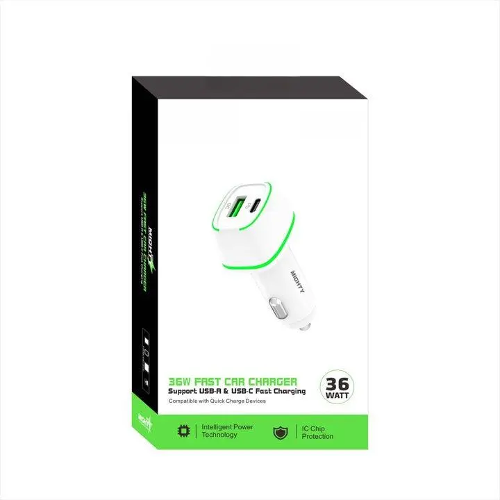 Mighty Wireless Mighty Fast 36W PD Car Charger with USB Port White MK31 Fast Charging Portable Charger for On-the-Go Use