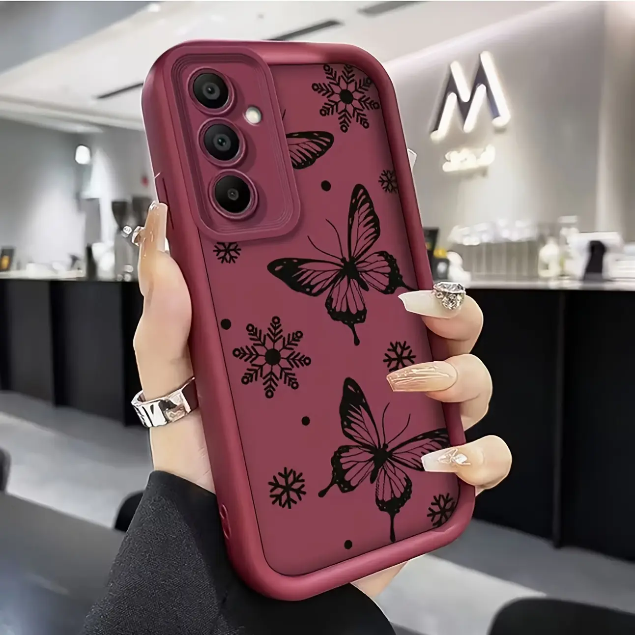 Phone Case: Compatible with Samsung Galaxy A03, A05, A05S, A06, A12, A14, A15, A16, A23, A32, A32 5G, A33 5G, A34 5G, A35 5G, A52 5G, A53 5G, A54 5G, A55 5G, A56. Lightweight, Minimalist, and Delicate Hollowed-out Black Butterfly Angel Eye Lens