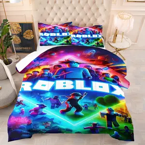 Roblox Pixel Robot Pattern Quilt, 3D Neon Style, Perfect for Young Adults and Kids' Bedroom Decor, Includes 1 Quilt and 1-2 Pillowcases