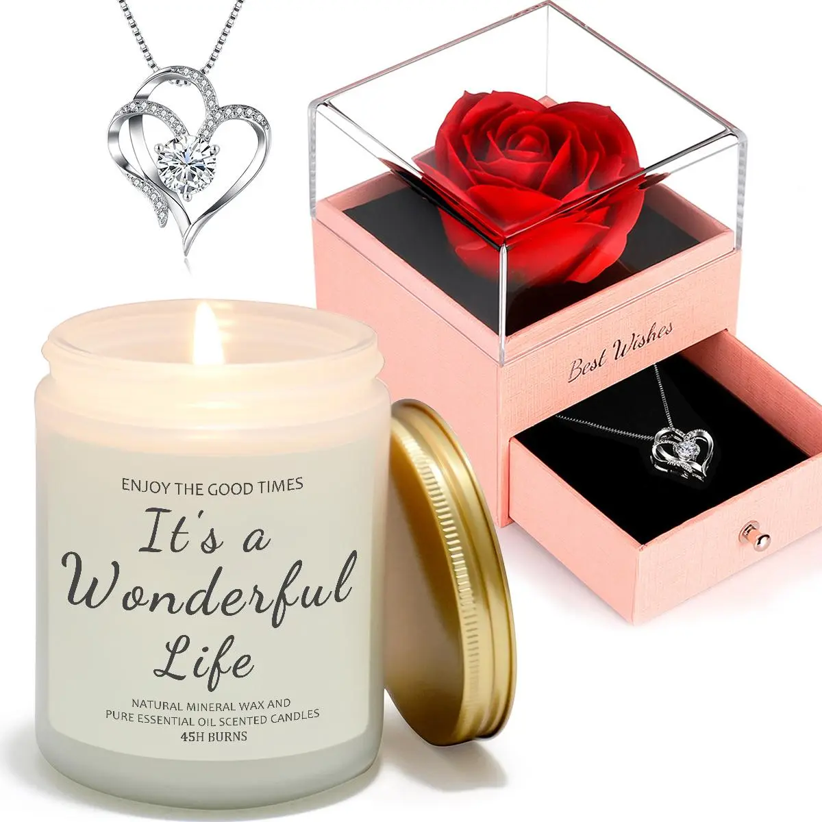 Valentine's Day Wonderful Life Gift Set, 1 Set Lavender Aroma Scented Candle with Heart Necklace & Rose Box, Gifts for Mom Dad Wife Women, Unique Ideal Gifts