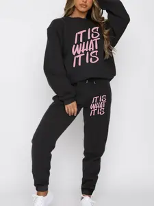 [Plus Size] Two-Piece Set Letter Print Sweatshirt & Sweatpants Set, Casual Fashion Cozy Round Neck Long Sleeve Pullover & Trousers for Daily Outdoor Wear, Women's Clothing for Fall & Winter, Soft Lounge Sets, Casual Loungewear Set, Womenswear