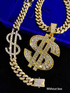 3pcs Dollar Symbol Pendant Necklace & Bracelet Set, Street Cool Cuban Chain Jewelry for Men Women, Exquisite Daily Wear Accessories