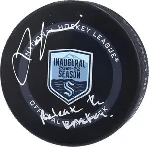 Jamie Oleksiak Seattle Kraken Autographed 2021-22 Inaugural Season Official Game Puck with "Release The Kraken" Inscription - Fanatics Authentic Certified