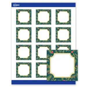 Avery Printable Business Cards with Sure Feed Technology, Square, 2" x 2", Pre-Printed Teal & Metallic Gold Border with Holly Design, Matte White, Laser & Inkjet Compatible, 120 Total
