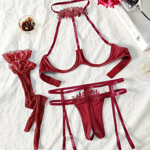 Christmas Sexy Lingerie Set, Backless Contrast Lace Design, Lace Garter Lingerie, Fitted Thin Fabric, Perfect for Halloween & Christmas Celebrations