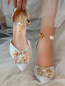 Women's Fine Heel French Knot Pearl Gold Pattern Shoes, Silver Color Sparkle Ankle Strap, Wedding Party Banquet Fashion Elegance Summer Footwear