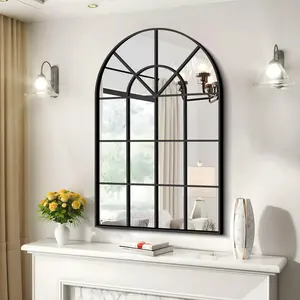 New Arched Wall Mirror 24x36 inch Window Mirror Decorative Wall Mounted Black Frame Window Pane Mirror Arch Mirror for Living Room Bedroom Entryway Hanging or Leaning Against Wall Metal Metal