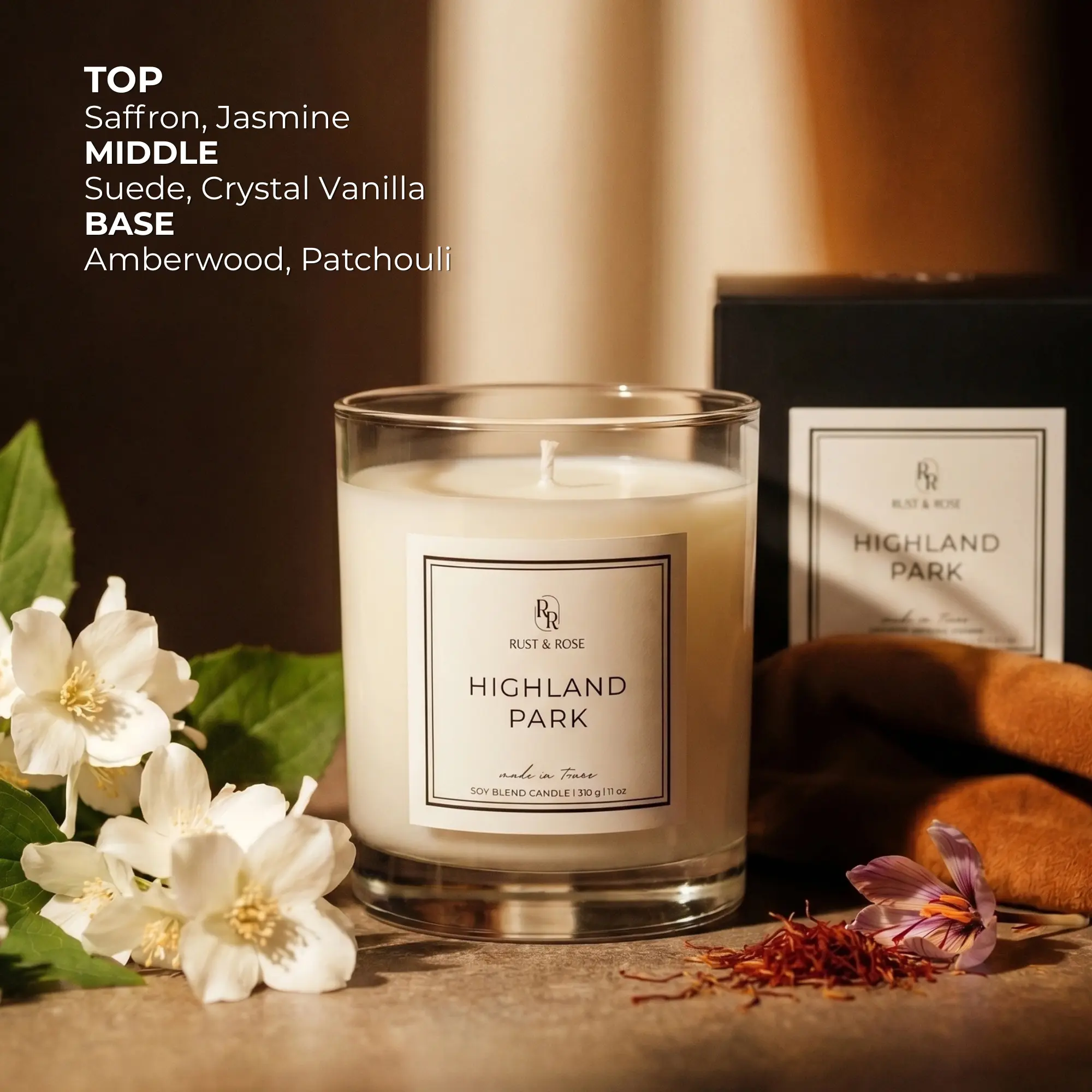 Highland Park | Luxury Non-Toxic Coconut-Soy Candle | Jasmine Saffron Suede Scent