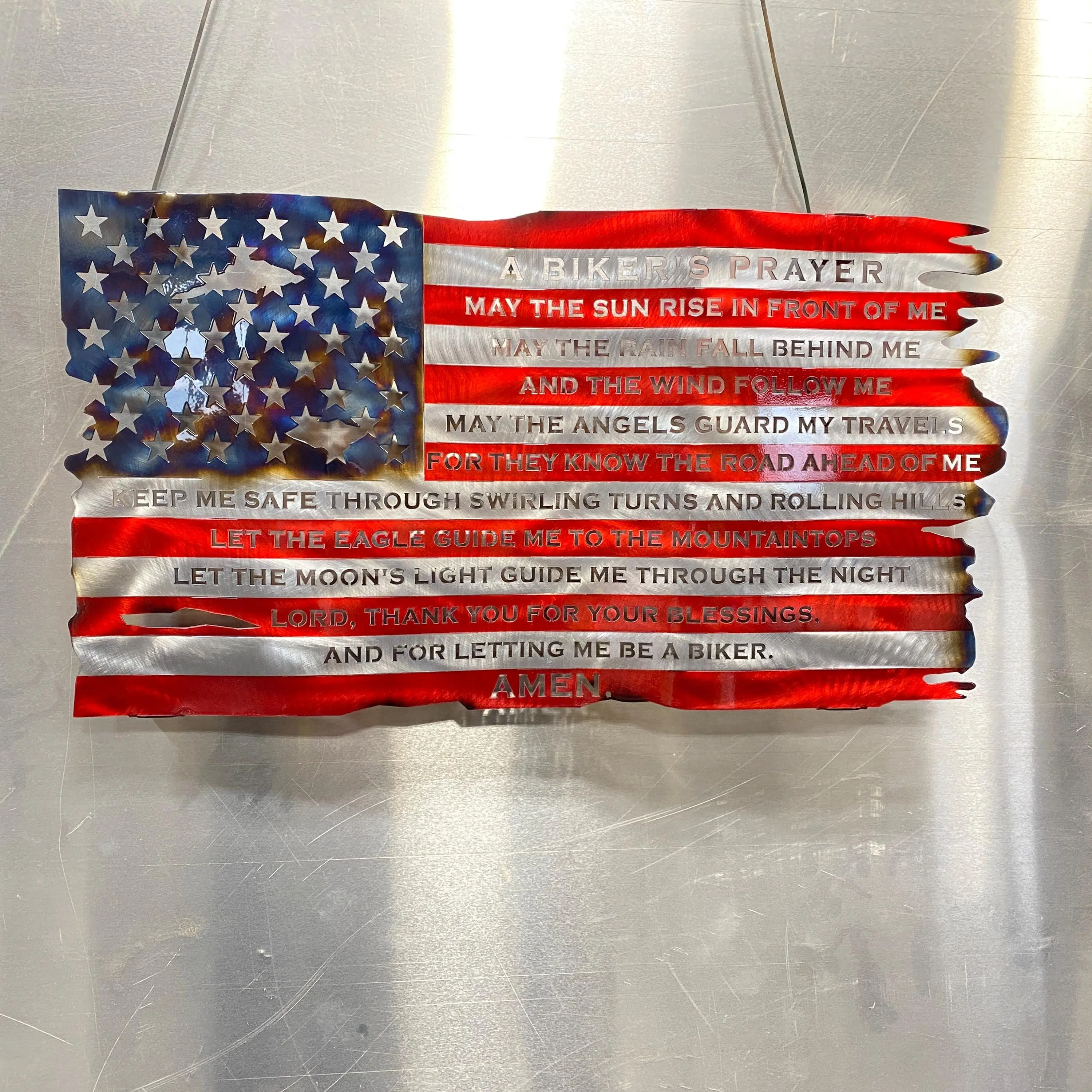 Biker Prayer American Flag Wall Art – Hand Formed & Heat Colored