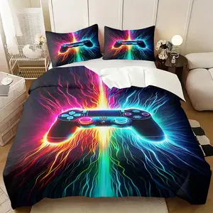 Neon Gaming Controller Duvet Cover Set,Includes 1 Duvet Cover and 1-2 Pillowcases,Gamer Bedding Set with 3D Cyberpunk Print,Vibrant Glow-in-the-Dark Style Comforter Cover,for Boys Teens Bedroom & Gaming Room Decor,Perfect Gift for Gamers