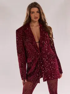 Women's Fashionable Loose Sequin Jacket For Party,Burgundy Sequined Suit Jacket Is Suitable For Parties,Ormal Occasions, Birthday Parties,Autumn Women's Clothing, Winter Women's Clothing