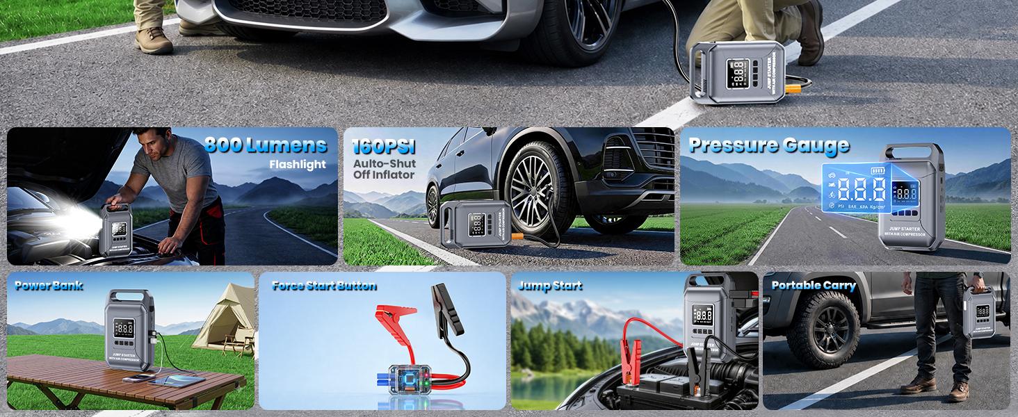 Soulor 4000A Ultra-Safe Jump Starter – Starts all 12V battery vehicles. Features 160 PSI air compressor, 18W fast charging, tire pressure check, and LED light. Includes jumper cables, air hose, storage bag, and 4 inflation nozzle sohochic