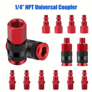 14PCS Universal Air Coupler And Plug Kit with 1/4" Air Coupler And I/M Air Plug, Featuring a 1/4 Inch NPT Quick Connect Air Fitting.This Industrial Air Coupling Set Includes 14pcs And Comes in Red, Designed for Air Compressor Additions
