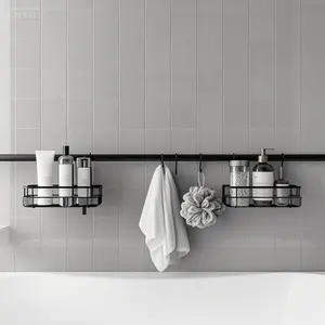 Adjustable Shower Caddy with 2 Baskets & 3 Hooks - Horizontal Tension Pole Storage System for Bathroom - Space-Saving Organizer 26 to 76 Inch - Matte Black Finish - Rust-Resistant & Sturdy Design Metal Cleaning Household Installation