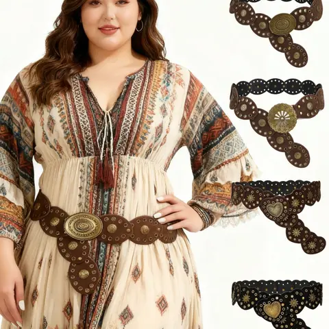 Boho Style Chunky Belt for Women, Vintage Velvet Patchwork Waistband, Perfect for Dresses, Coats, Sweaters, Pants, Parties, Streetwear, Boho Style Buckle, Western Concho Belts, Belt with Buckle