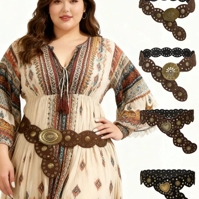 Boho Style Chunky Belt for Women, Vintage Velvet Patchwork Waistband, Perfect for Dresses, Coats, Sweaters, Pants, Parties, Streetwear, Boho Style Buckle, Western Concho Belts, Belt with Buckle