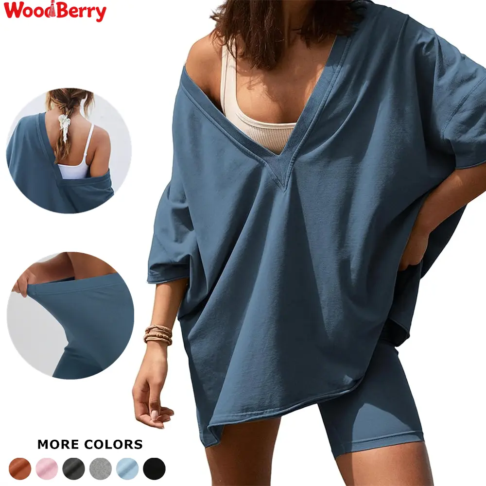 WoodBerry Women's Two Piece set Oversized V Neck T Shirt Biker Short Summer Outfits Hot Shot Reversible Sets Tracksuit Womenswear