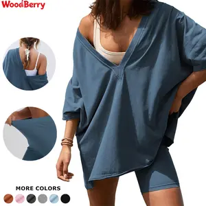 WoodBerry Women's Two Piece set Oversized V Neck T Shirt Biker Short Summer Outfits Hot Shot Reversible Sets Tracksuit Womenswear