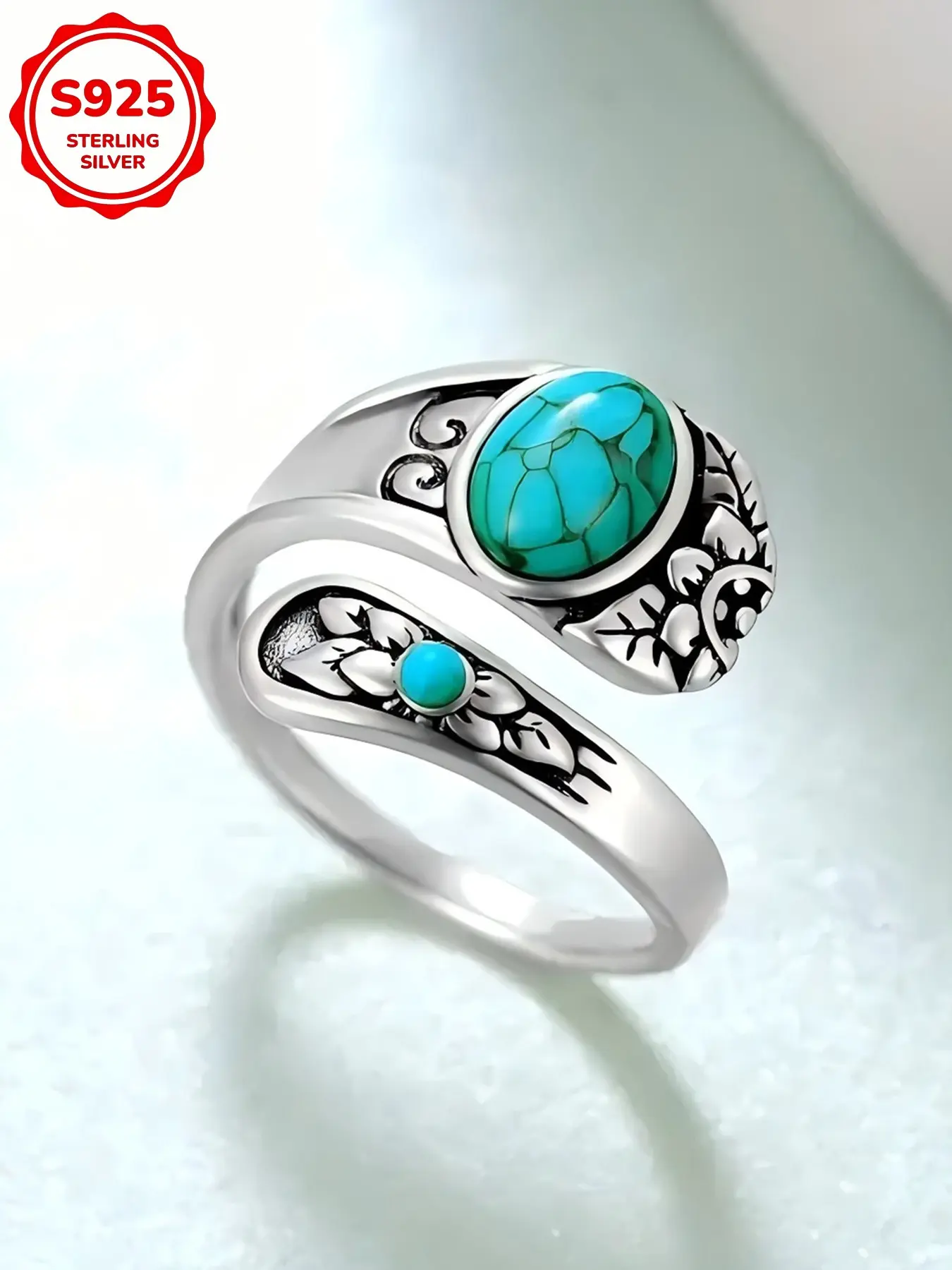 New S925 Sterling Silver Victorian Floral Ring, Vintage Turquoise Adjustable Open Finger Ring, Unisex Jewelry Gift for Mother's Day, Vintage Inspired Ring, Adjustable Rings