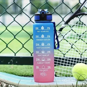 1 Piece, 1000ML/32oz Motivational Water Bottle with Time Markers, Large Capacity Sports Water Bottle with Strap, Portable Graduated Cup for Gym and Outdoor Activities