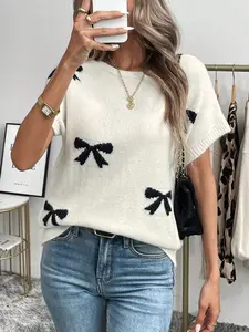 Women's Bow Print Round Neck Knitted Sweater, Casual Long Sleeve Crew Neck Jumper for Summer, Fashion Women's Knitwear for Daily Wear, Hoodie, Womenswear
