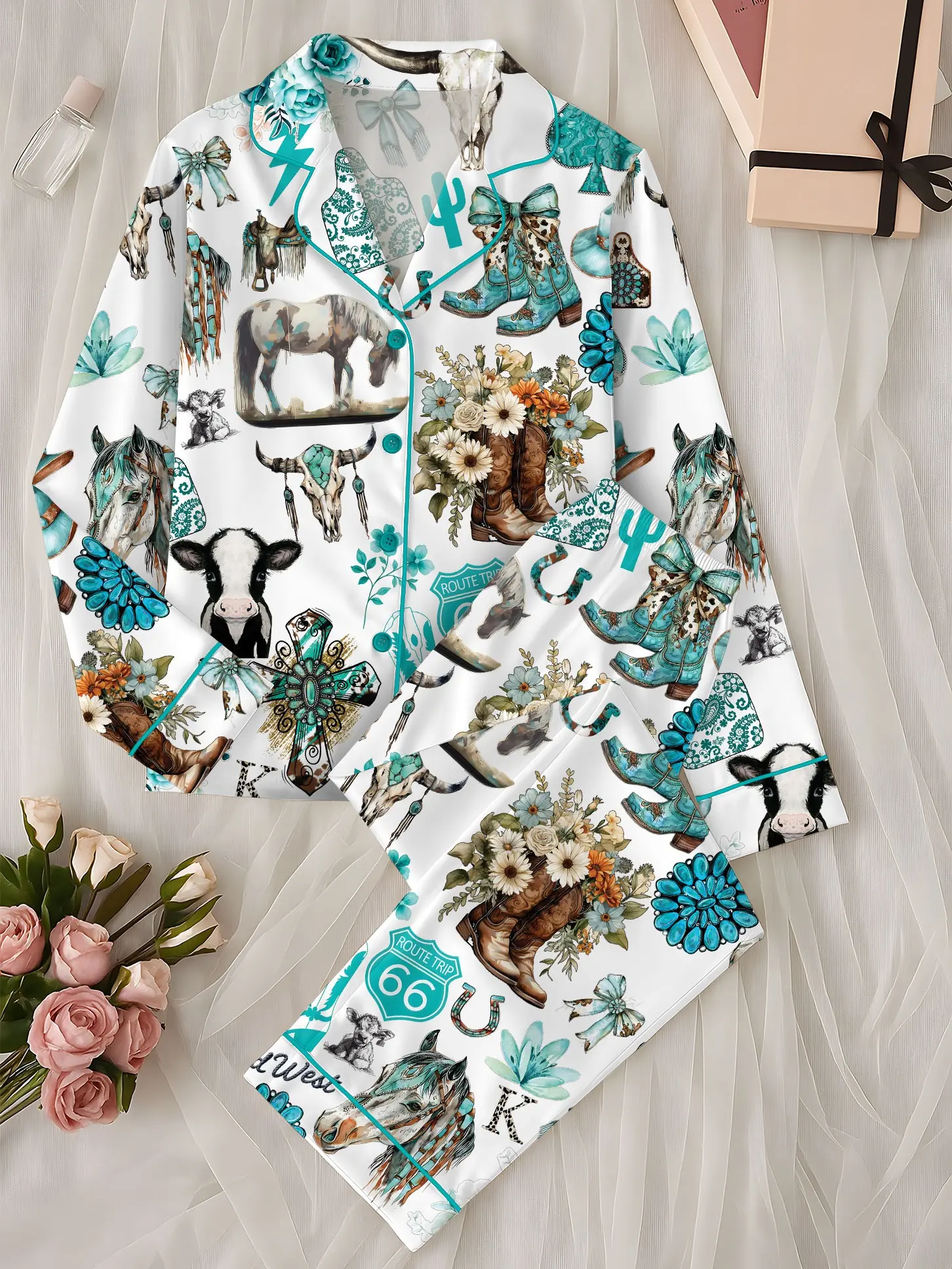Western Cowgirl Pajama Set, Cowgirl Aesthetic Pajama Satin Set Turquoise Horses, Boots & Cactus Satin Pajamas