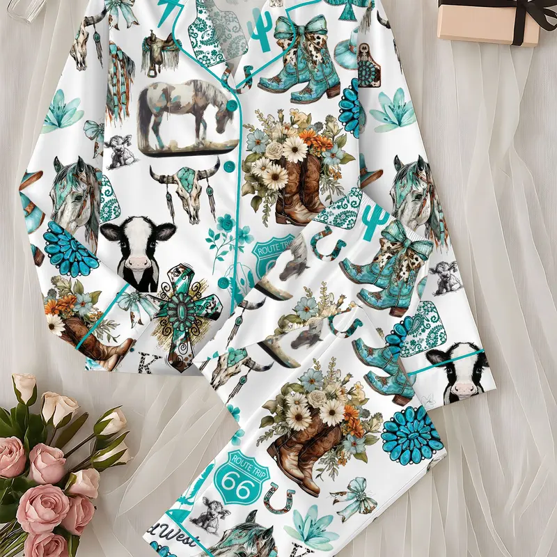 Women's Western Cowgirl Polyester Satin Pajama Set - Lady's Stylish Nightwear with Turquoise Horses, Boots, Cactus Prints & Adjustable Details, Style